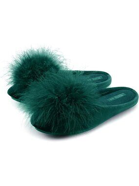 Women's Green Fuzzy Velvet Memory Foam Indoor House Non-slip Lightweight Slipper